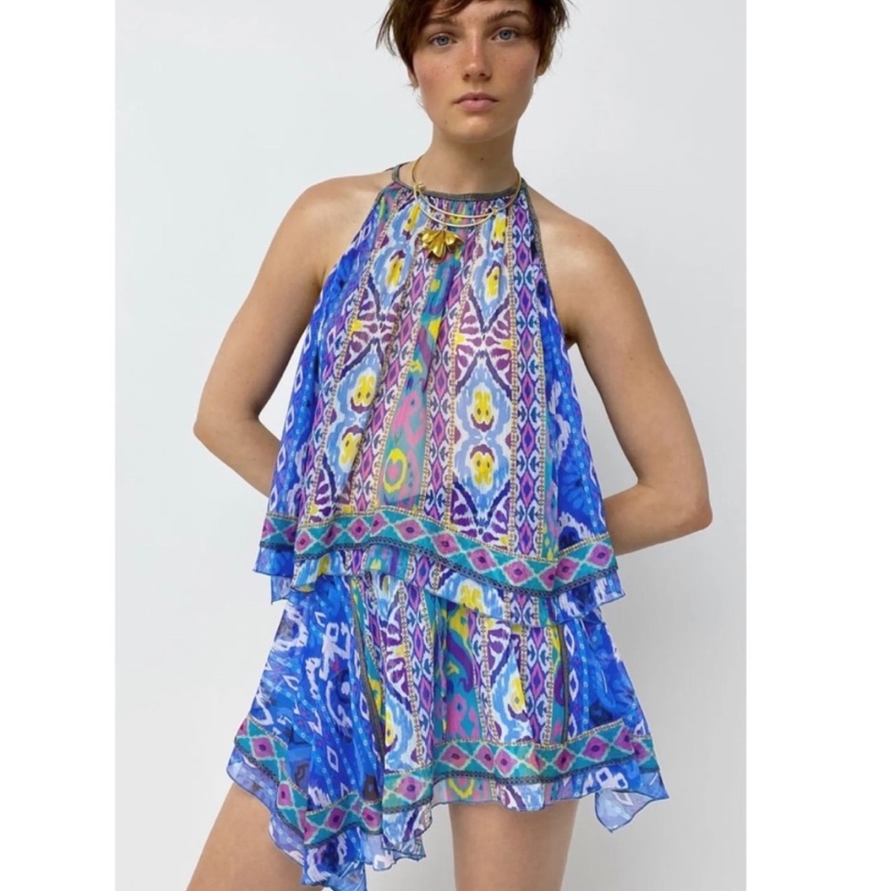🔥🔥ZARA BOHO BLUE MULTI ASYMMETRICAL MINI SKIRT NWT. NWT SZ XS